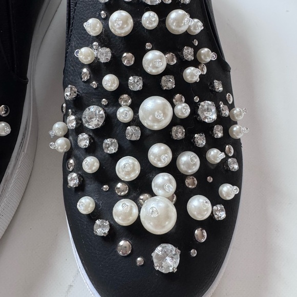 Black Faux Leather Slip On Loafers Embellished with Faux Pearls and Rhinestones - Picture 4 of 12